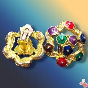 NLH Nat Landau Hyman Clip On Earrings Gold Tone Enamel Rhinestone 851